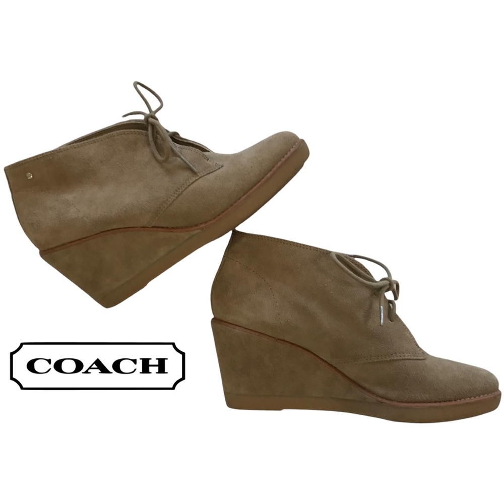 Coach Cassy tan nude suede leather wedge tie ankle boots booties 8.5
